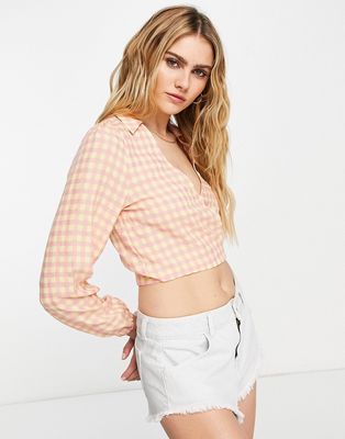 Vila wrap blouse in pink and yellow gingham check-Multi