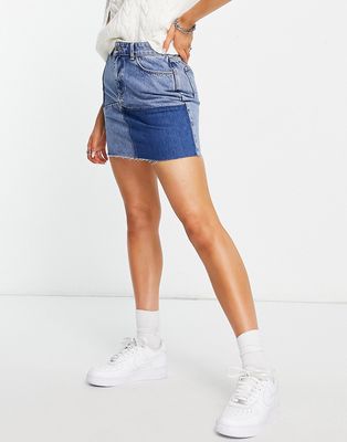 Only high waisted patchwork denim mini skirt in mid blue wash