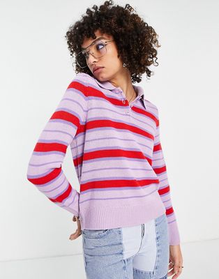 Only knitted polo in red and purple stripe