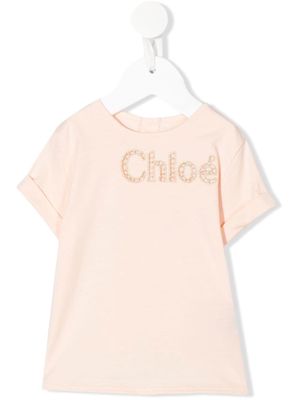 Chloé Kids logo-embroidered round-neck T-shirt - Pink