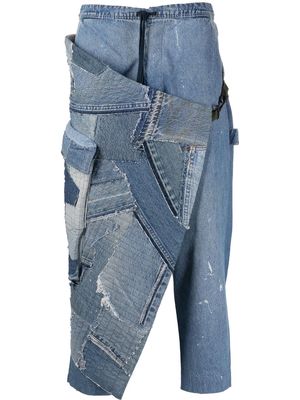 Greg Lauren patchwork drawstring-waist tapered jeans - Blue