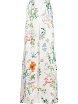 Casablanca floral-print wide-leg silk trousers - White