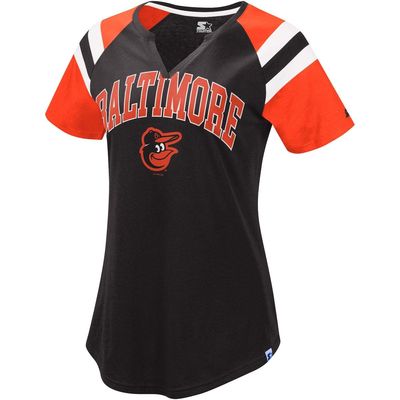 Women's Starter Black/Orange Baltimore Orioles Game On Notch Neck Raglan T-Shirt