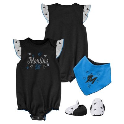 Outerstuff Girls Newborn & Infant Black Miami Marlins 3-Piece Home Plate Bodysuit Bib & Booties Set