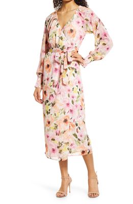 Charles Henry Floral Print Wrap Midi Dress in Ivory Floral