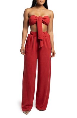 JLUXLABEL Two-Piece Strapless Crop Top & Wide Leg Pants Set in Red