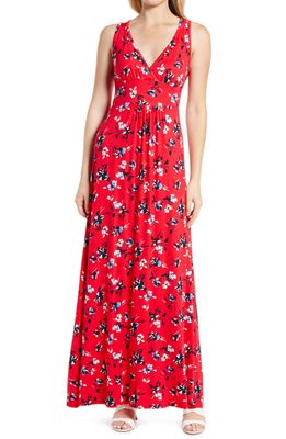 Loveappella Floral V-Neck Jersey Maxi Dress in Red