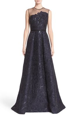 Carmen Marc Valvo Couture Illusion Yoke Embroidered Jacquard A-Line Gown in Midnight