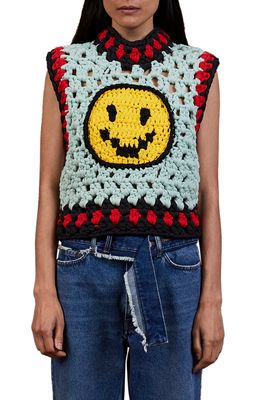 Meryll Rogge Smiley Face Crochet Cotton Blend Sweater Vest in Mint Multi