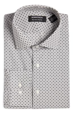 Nordstrom Men's Trim Fit Non-Iron Geometric Cotton Dress Shirt in Grey- Black Diam Geo