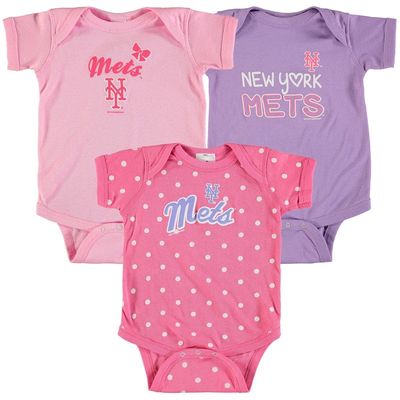 Girls Infant Soft as a Grape Pink/Purple New York Mets 3-Pack Rookie Bodysuit Set