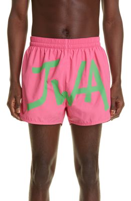 JW Anderson Monogram Logo Nylon Swim Trunks in Pink/Green