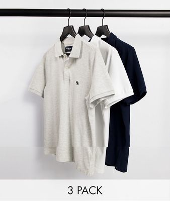 Abercrombie & Fitch 3-pack icon logo pique polo shirts in navy, gray & white-Multi