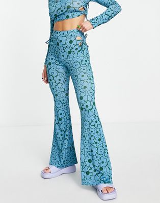 Another Reason flare pants in retro floral graphic - part of a set-Blue