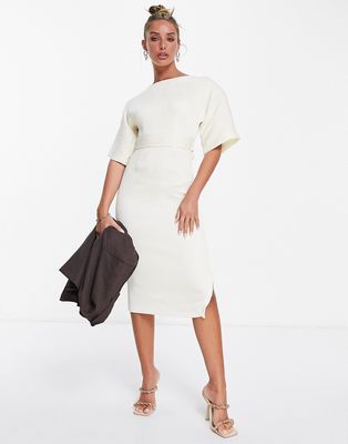 Closet London ribbed pencil dress with tie belt in stone-Neutral