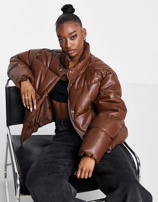 NA-KD x Rianne Meijer faux leather padded jacket in brown