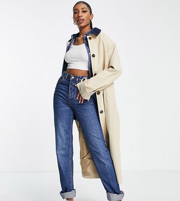 ASOS DESIGN Tall oversized throw-on trench in stone with navy cord collar-Brown