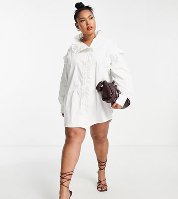 ASOS DESIGN Curve shirt with high neck collar and asymmetric frill in white-Black