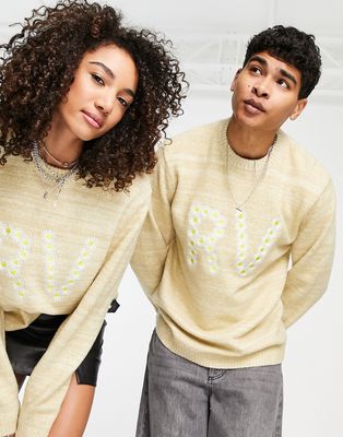Reclaimed Vintage inspired unisex sweater with daisy embroidery in beige-Neutral
