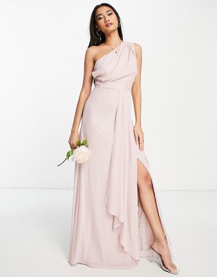 TFNC Bridesmaid chiffon one shoulder drape maxi dress in mink-Pink