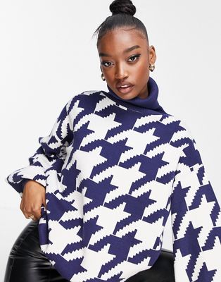 NA-KD x Rianne Meijer high neck dogtooth sweater in navy-Blues