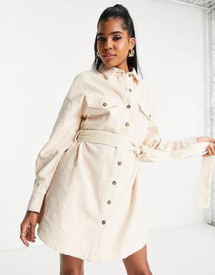 In The Style x Perrie Sian corduroy belted shirt dress in cream-White