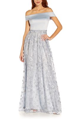 Adrianna Papell Embroidered Floral Off the Shoulder Gown in Opal
