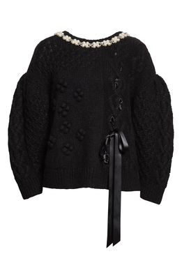 Simone Rocha Beaded Patchwork Alpaca & Wool Blend Sweater in Black/Black/Pearl/Clear
