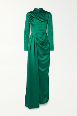 RASARIO - Crystal-embellished Draped Satin Gown - Green