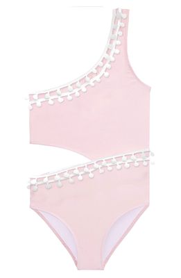 Stella Cove Kids' Pompom Cutout One-Shoulder One-Piece Swimsuit in Pink