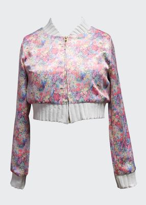 Girl's Floral-Print Cropped Bomber Jacket, Size 7-14