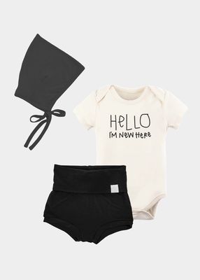 Kid's Hello I'm New Here Bodysuit w/ Bloomers & Bonnet Set, Size 0M-6M