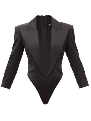 Balmain - Plunge-neck Tailored Satin Bodysuit - Womens - Black