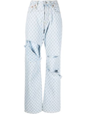 R13 ripped checkerboard-print straight-leg jeans - Blue