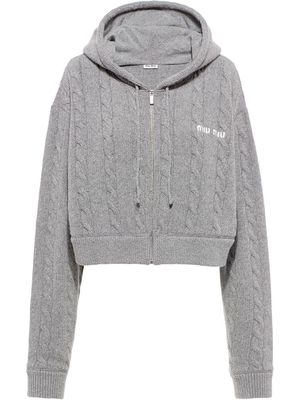 Miu Miu embroidered-logo cable-knit hoodie - Grey
