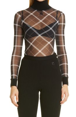 Courreges Second Skin Plaid Sheer Funnel Neck Sweater in Black