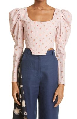 PUPPETS AND PUPPETS Floral Balloon Sleeve Cotton & Linen Corset Top in Pink Floral