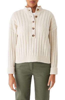 Frank And Oak Half Placket SeaWool Ribbed Sweater in Snow White