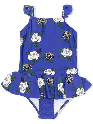 Mini Rodini rose-print ruffled swimsuit - Blue