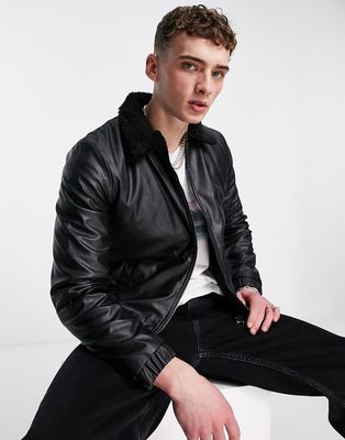 Bolongaro Trevor faux leather bomber jacket with borg collar in black
