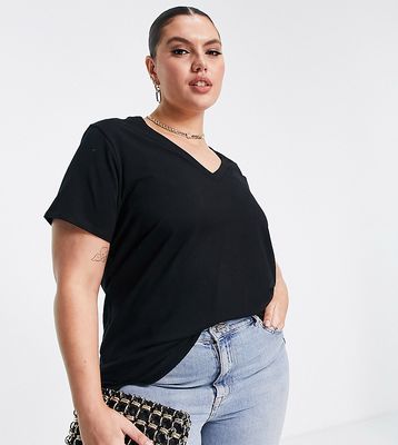 ASOS DESIGN Curve Edit luxe handle column long line t-shirt with v-neck in black