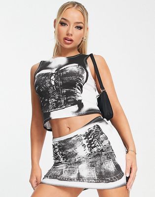 Jaded London crop tank top in corset illusion print - part of a set-Black