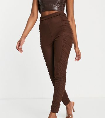 Rebellious Fashion exclusive ruched detail leggings in chocolate - part of a set-Brown