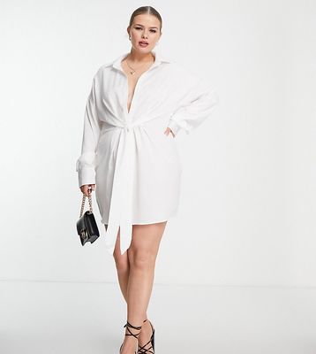 In The Style Plus exclusive knot front shirt dress in white