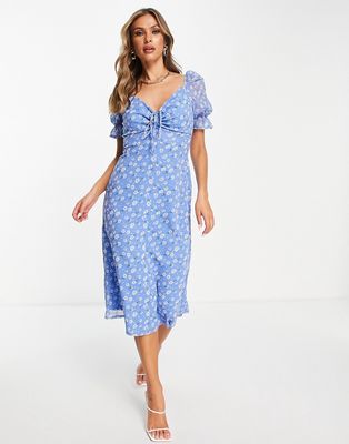 In The Style x Stacey Solomon frill puff sleeve midi skater dress in blue floral-Multi