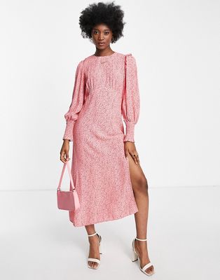 Nobody's Child ruched sleeve frill maxi dress in pink squiggle print