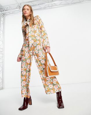 ASOS DESIGN 70s neck tie tea jumpsuit in retro floral-Multi