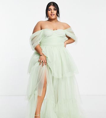 Lace & Beads Plus exclusive off shoulder tulle tiered maxi dress in sage green