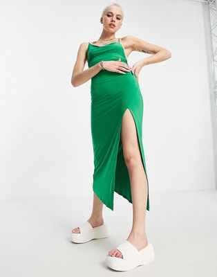 Pull & Bear asymmetric midi dress with side slit in emerald green