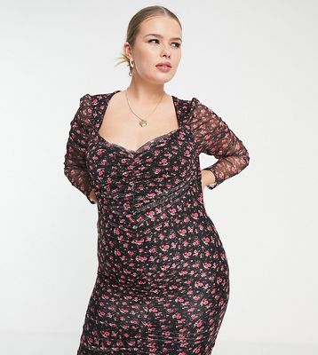 In The Style Plus x Liberty puff sleeve mini dress in black floral print-Multi